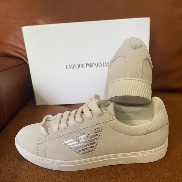 Emporio Armani Shoes | Emporio Armani Women Off White Suede Ace Sneakers X3x104 Size EU 37 US 6M | Color: Silver/White | Size: 6 | Rados1976's Closet